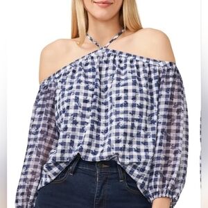 1 State Plus Size Gingham Blue/White Crepe Off the Shoulder Blouse